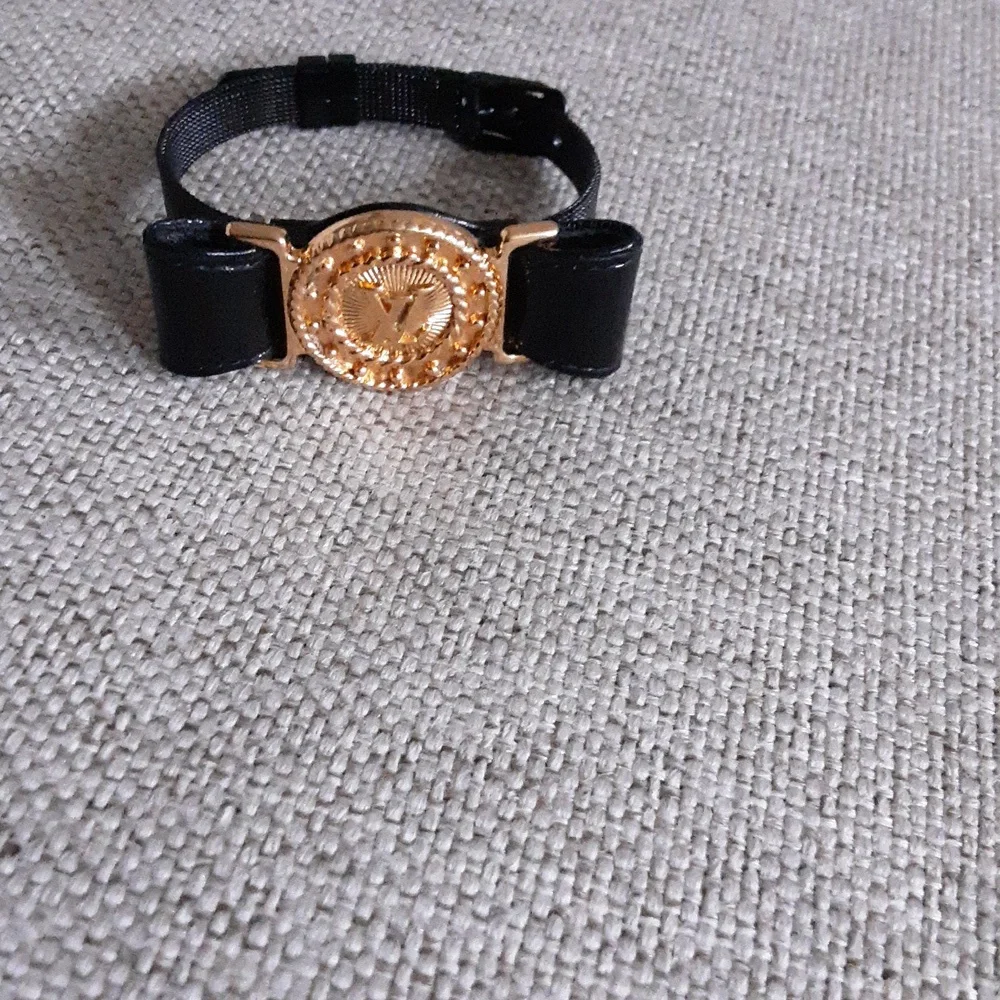 Versace-Inspired Black Leather Bracelet with Gold Medallion & Gold Mesh Strap